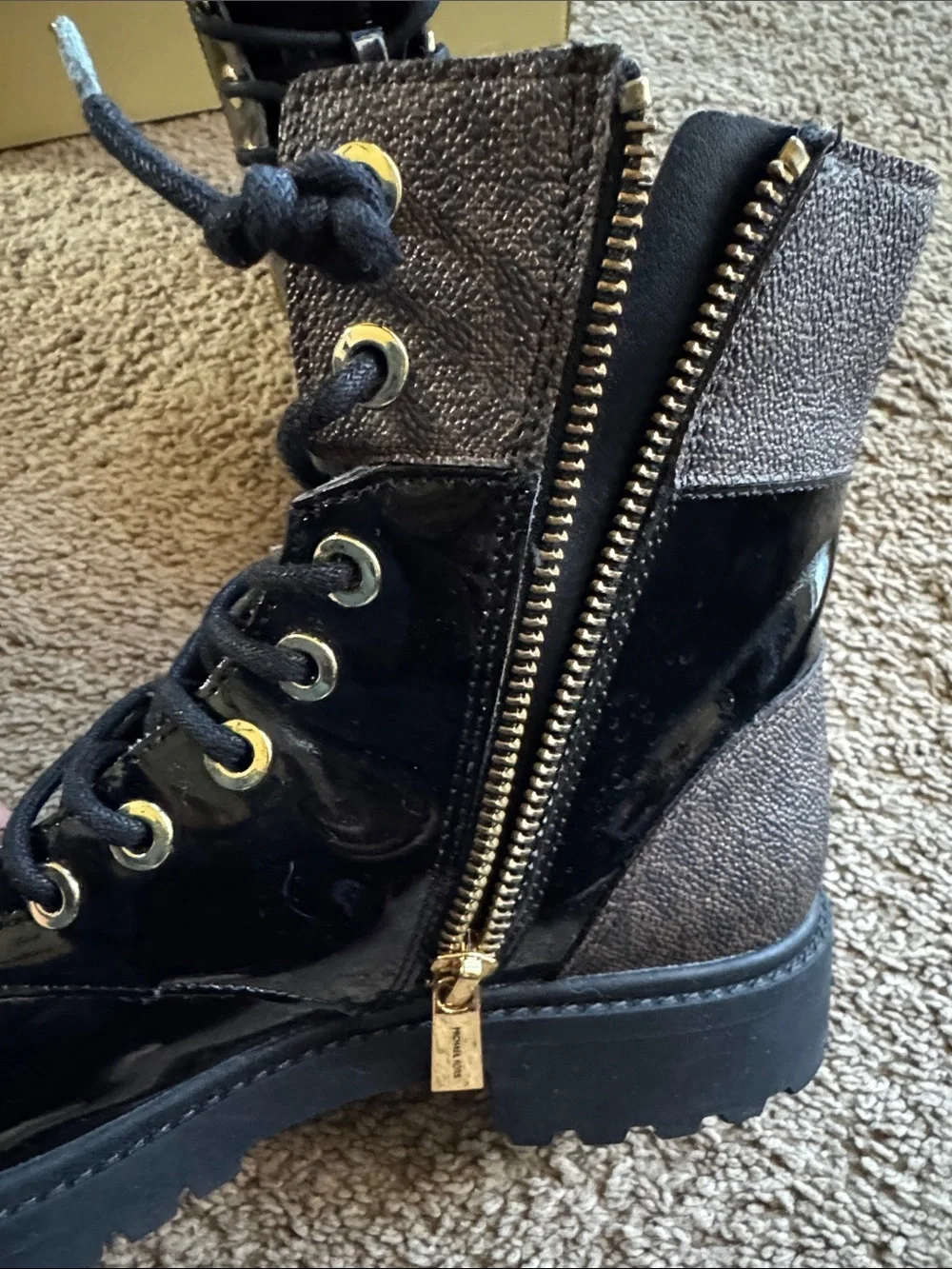 Michael Kors Black Patent Lace-Up Combat Boots with Gold Hardware